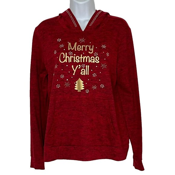 Storybuk Christmas Hoodie Top sz L Studded Kangaroo Pocket Lightweight Red - Picture 1 of 9